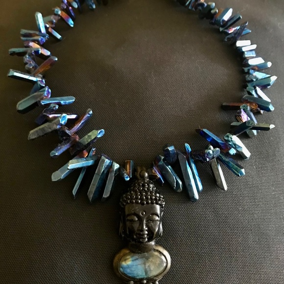 Statement Piece Art to Wear Buddha with Labradorite and Aqua Aura crystals. - Picture 5 of 5
